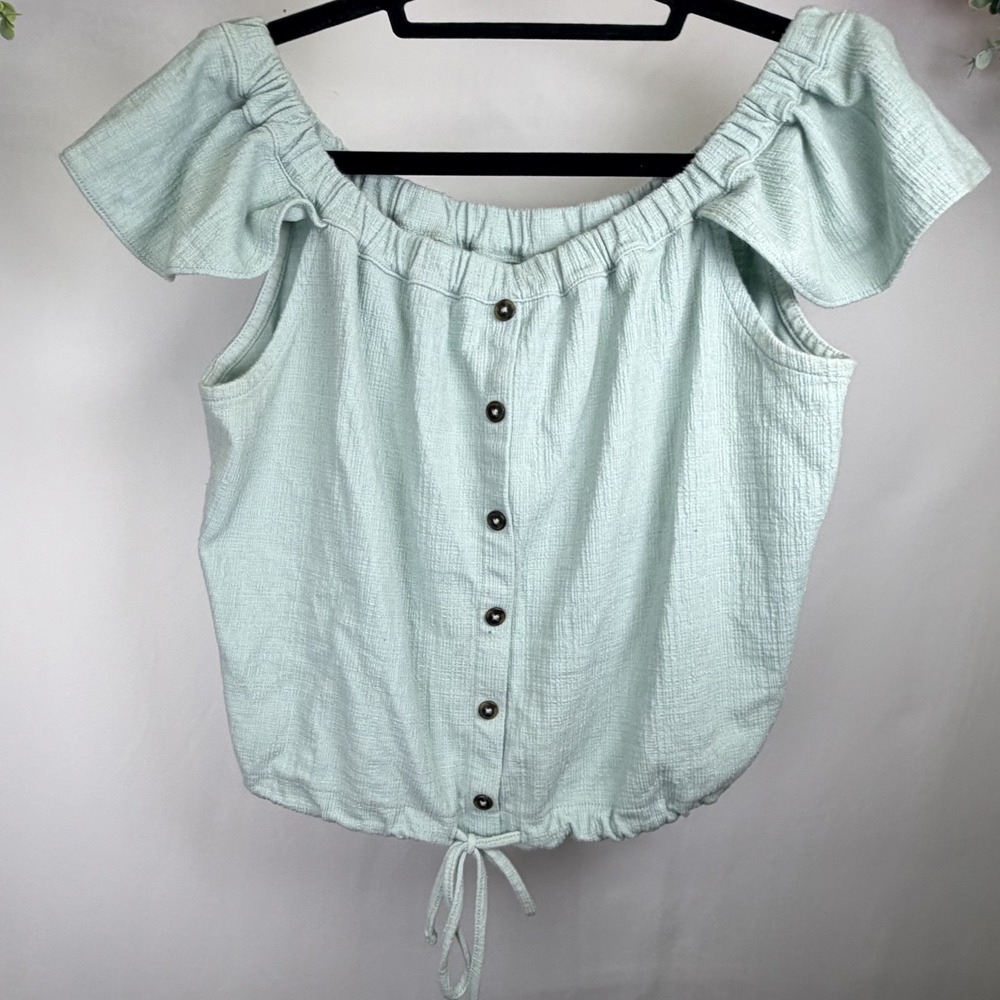 Madewell Texture & Thread Off The Shoulder Top J3571 - Aqua‎ - L Button/Tie